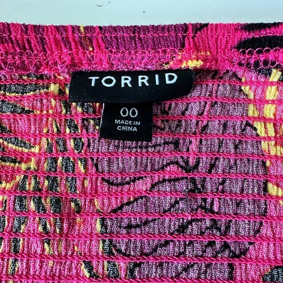 Torrid 00 Convertible Smocked Midi Pink Dress Skirt Crinkle Gauze Palm Leaves - Picture 4 of 8